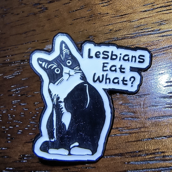 Women’s Jewelry Funny Black and White Cat Enamel Pin ‘Lesbians Eat What?’ - Picture 1 of 2